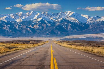 Naklejka premium Epic Cinematic View of an Empty Road Leading to Majestic Mountains in a Desert Landscape, Symmetrical Composition, Photorealistic Long Distance Shot