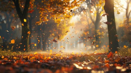 Autumn leaves falling in a sunlit forest