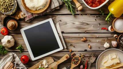 Customizable recipe template with ingredients and tablet on wooden tabletop for cooking inspiration