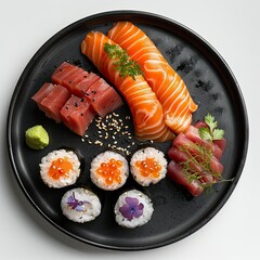 sashimi with accompaniments in a black plate, looks delicious on a clean white background, typical korean food