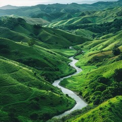 Serpentine River Winding Through Lush Green Hills