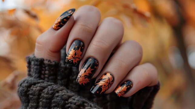 Black nails with orange autumn leaf nail art