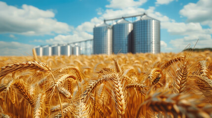 A field of golden wheat in the foreground, with modern silver silos and a blue sky background