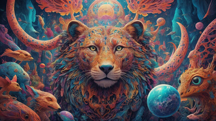 Surreal and Otherworldly Imagery, Psychedelic and Retro-futurism cat face, Background, AI generative.