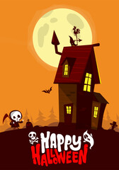 Halloween haunted house cartoon illustration. Vector horror scary mansion on the night background with moon. Party poster
