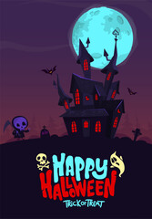 Halloween haunted house cartoon illustration. Vector horror scary mansion on the night background with moon. Party poster