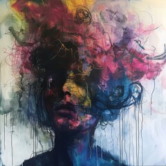 Abstract Portrait with Vibrant Colors and Dripping Paint