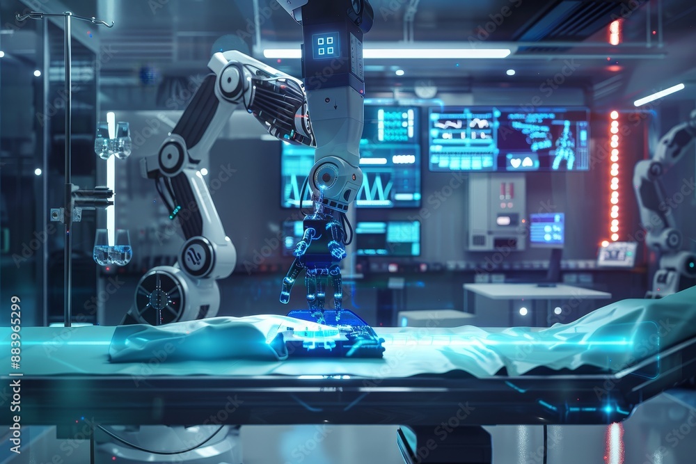 Poster futuristic robotic arms in surgery banner with holographic data for precise operations