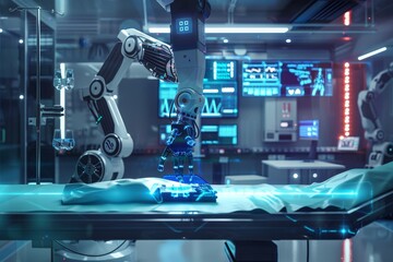 Futuristic robotic arms in surgery banner with holographic data for precise operations