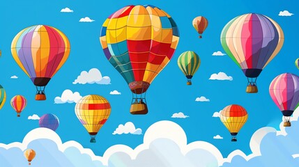 A cartoon illustration of many hot air balloons in the sky.