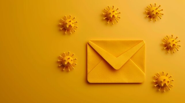 Yellow envelope surrounded by virus shapes on a yellow background. Concept of communication, health, and pandemic awareness.