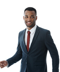 Business, man and thinking or happy in studio with confidence for corporate intern, career in law firm and startup. Professional, employee and thoughtful with pride for job on white background mockup