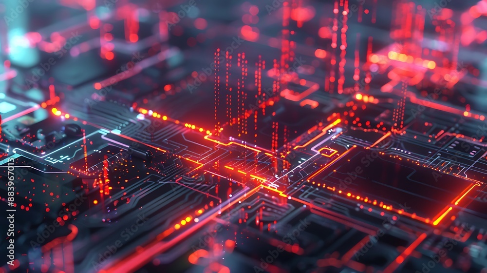 Poster close up of a glowing circuit board showcasing the complex network of technology. ai generated