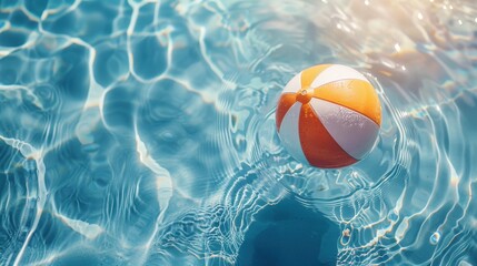 A colorful beach ball floats on the surface of a sparkling blue pool.  The water ripples around the ball, creating a sense of summer fun.