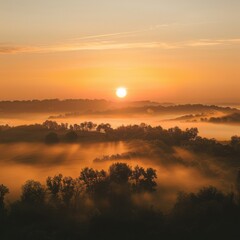 Misty Sunrise Over Rolling Hills