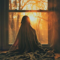 Silhouette of a Woman Wrapped in a Blanket, Gazing at a Sunset