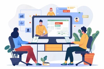 illustration depicting a remote team project, with diverse members collaborating online, symbolizing teamwork and digital collaboration.