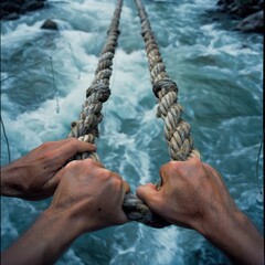 Hands Gripping Rope Bridge Over Raging River