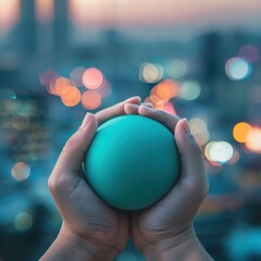 Holding the Globe, City Lights in the Background
