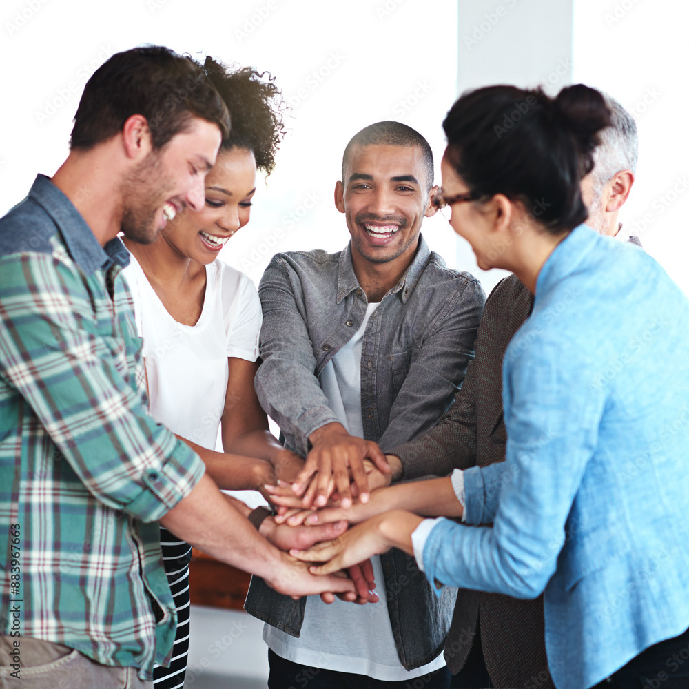 Canvas Prints Portrait of man, business people and hand stack in office for success, celebration and smile. Meeting, partnership and team building or group for project, achievement or pride and diversity in agency