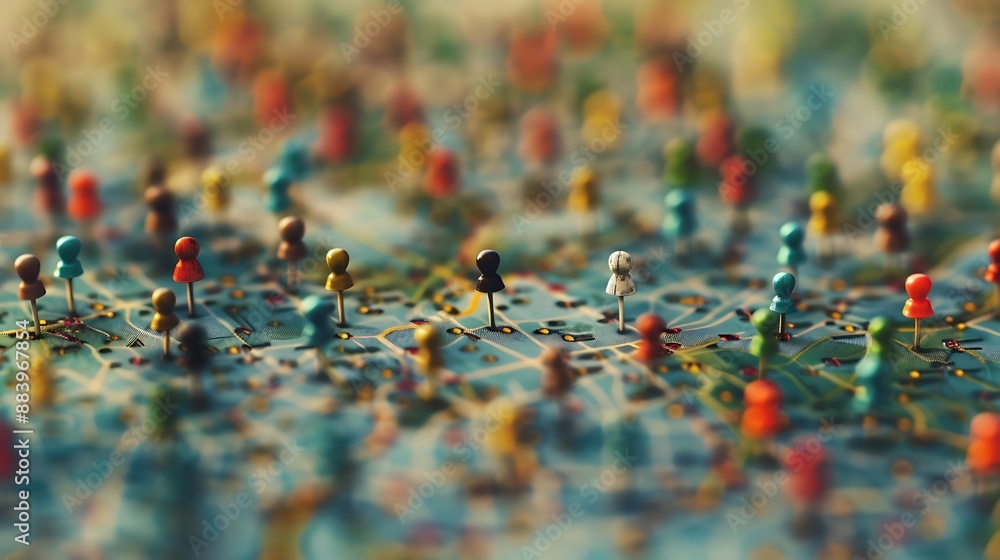 Poster close-up image of a map covered with colorful push pins for destination location address sign concept. Ai generated