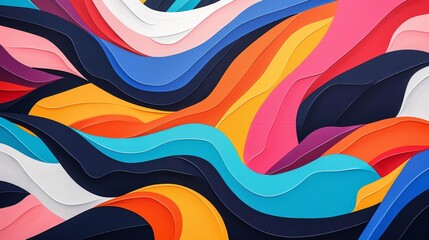 A colorful, abstract painting with a wave-like pattern
