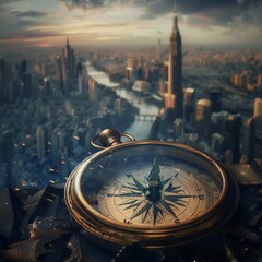 Antique Compass Pointing Towards a Cityscape