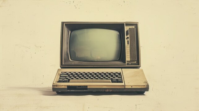 A vintage CRT computer with a black and white screen and a beige keyboard sits on a white surface.