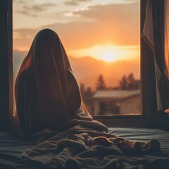 Silhouette of a Person Wrapped in a Blanket at Sunset