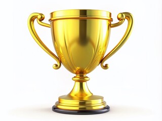 Shiny 3D realistic yellow trophy cup with intricate details and ornate handles on a isolated white background, symbolizing achievement and excellence in various competitions.