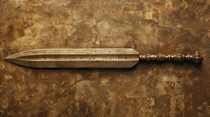 A weathered, ancient sword lies on a rough wooden surface. The blade is sharp and pointed, with a worn hilt.  The image evokes a sense of history and adventure.