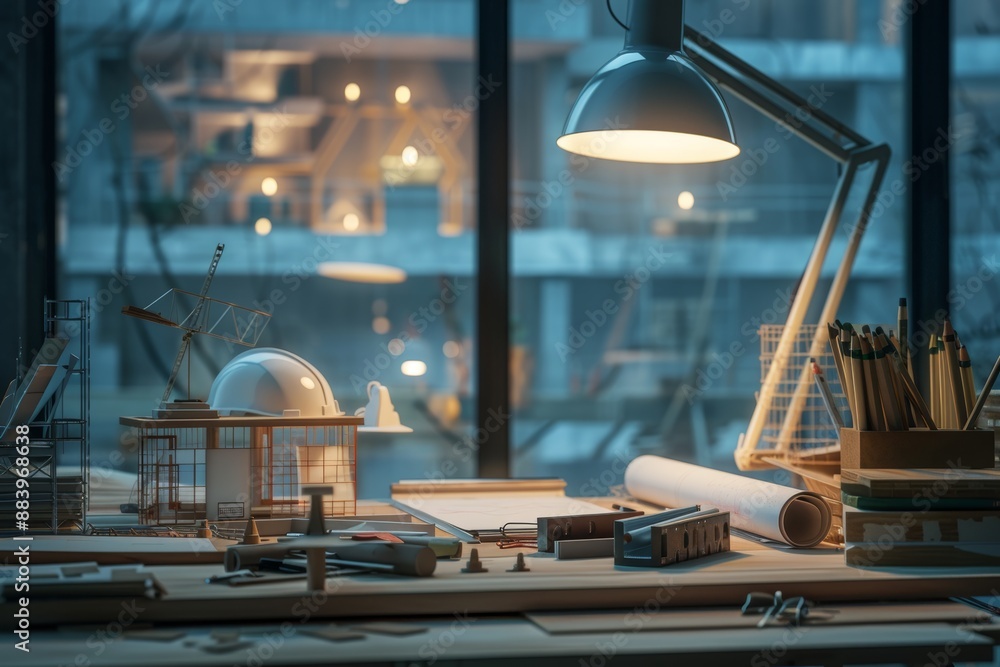 Poster architectural project development with concept architect at construction site using mining light
