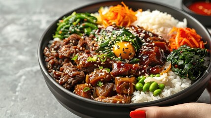 Fototapeta premium Yangnyeom tongdak with accompaniments in a black bowl with hand, looks delicious on a clean white background, typical korean food