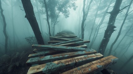 Lumber beams form an abstract path through a foggy forest, guiding travelers to a mysterious destination.