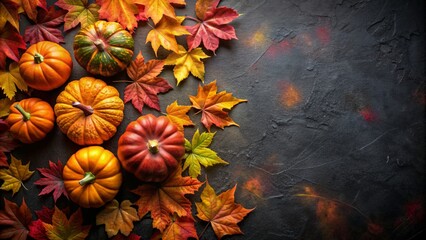 Background with halloween pumpkins, candles and autumn leaves on the wooden house porch