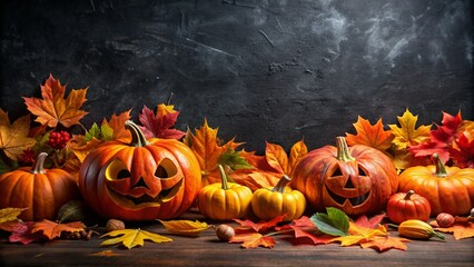 Background with halloween pumpkins, candles and autumn leaves on the wooden house porch