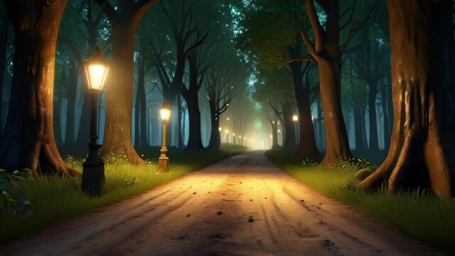A dirt road in the middle of a fairytale forest with a stretch of classic lights