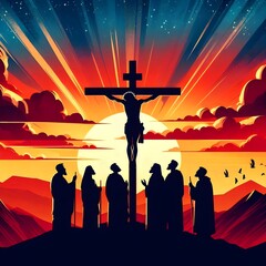 Christmas and Easter Illustration of Jesus Christ's Crucifixion silhouette on the Cross