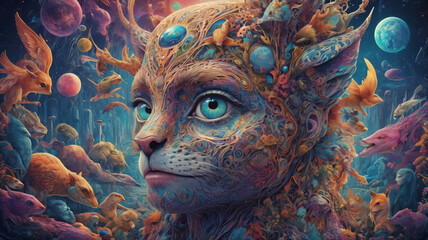 Surreal Abstract and Otherworldly Imagery, Psychedelic and Retro-futurism cat face, Background, AI generative.