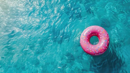 Pink donut pool float in a blue swimming pool.