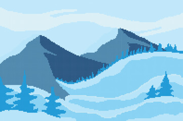 winter pixel art image, there is a beautiful high mountain surrounded by pine trees covered in snow	