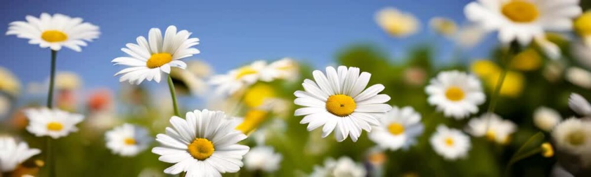 Field daises background swaying in wind close up. White blooming chamomile flowers summer field meadow close-up. Wildflowers in nature spring. Environmental conservation, ecosystem. beautiful daises