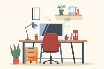 illustration of a home office setup, featuring an ergonomic chair and desk, emphasizing comfort and efficiency in remote work environments.