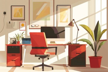 illustration of a home office setup, featuring an ergonomic chair and desk, emphasizing comfort and efficiency in remote work environments.