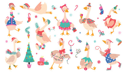 Christmas goose. New year geese wear winter holiday costumes and accessories. Cartoon birds in santa claus and elf hats, nowaday vector clipart © MicroOne