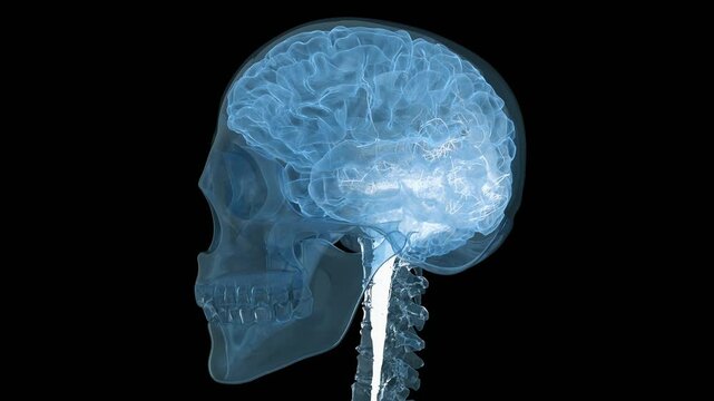 Animation of a side view X-ray of a human skull with an intricate network of neural pathways highlighted within the cranial cavity.