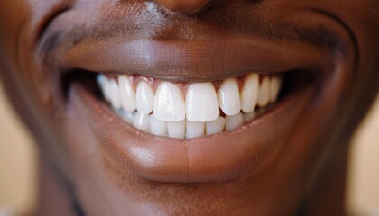Close-up of a person smiling, showing white teeth and healthy gums, conveying happiness and confidence with excellent dental care.