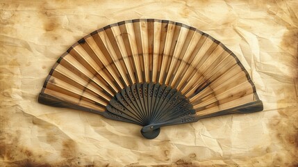 Vintage wooden hand fan on textured paper background.