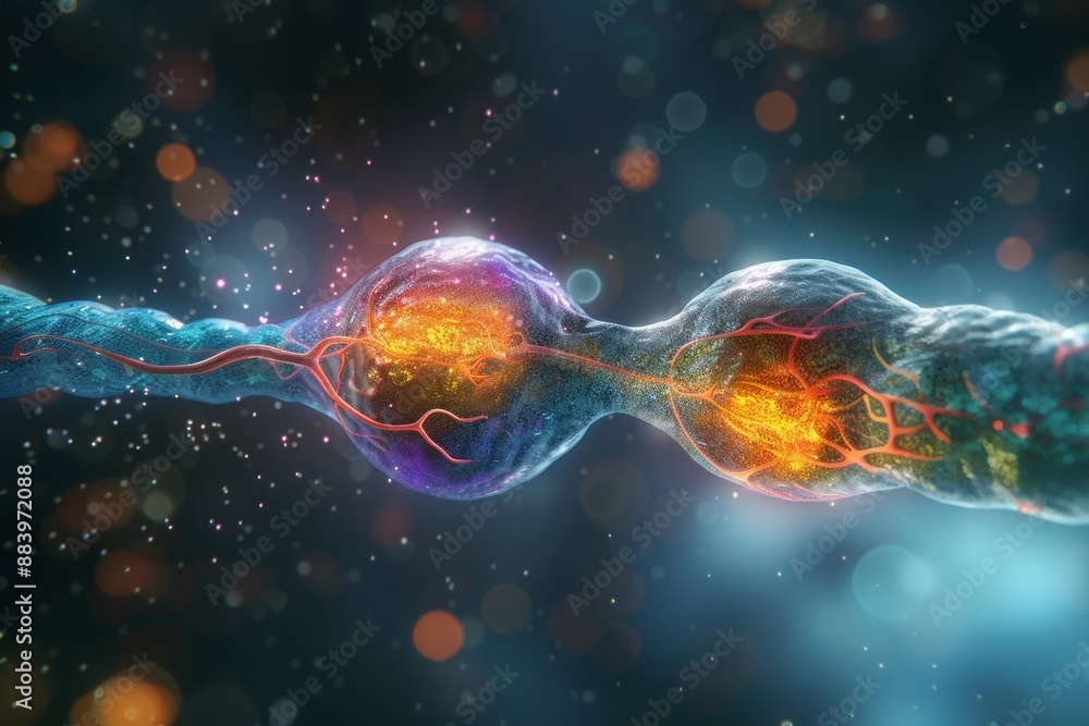 Poster detailed 3d illustration showing nerve cells interconnected and communicating via synapse