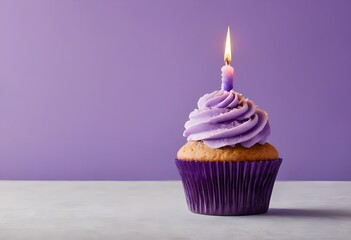 Purple Birthday Cupcake With a Lit Candle on Purple Background